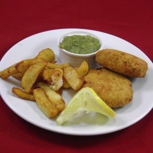 Fishcake Chips And Mushy Peas